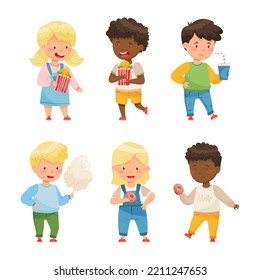 Cute Kids Standing And Holding Sweets And Sugary Treats Vector Set