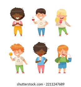 Cute Kids Standing And Holding Sweets And Sugary Treats Vector Set