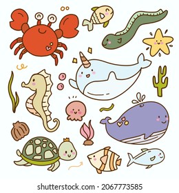 Cute kids sticker baby sea animal doodle icon drawing collection. Fish crab whale cartoon.