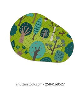 Cute kids sticking eye plaster with forest trees pattern. Isolated vector illustration. Amblyopia, strabismus, or lazy eye treatment concept.