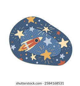 Cute kids sticking eye plaster with stars and rocket pattern. Isolated vector illustration. Amblyopia, strabismus, or lazy eye treatment concept.