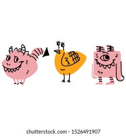 Cute kids strange monster design illustrations. Hand drawn winged creature clipart. 