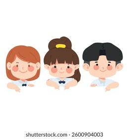 Cute kids student pointing down cartoon