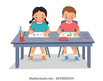 Cute kids students drawing picture at the table together