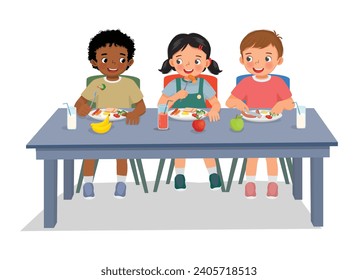 Cute kids students having lunch together at school canteen