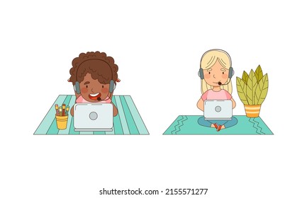 Cute kids studying at home using laptop computers set. Online education and e-learning cartoon vector illustration