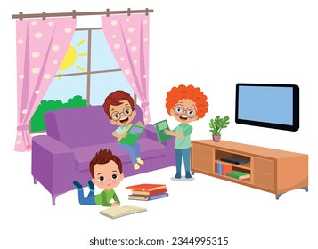 cute kids studying studying in the living room