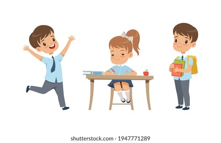 Cute Kids Studying at School Set, Elementary School Students in School Uniform During Lesson Cartoon Vector Illustration