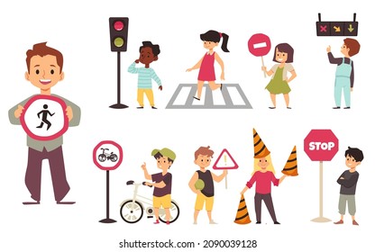 Cute kids studying traffic rules and road signs, flat vector illustration isolated on white background. Set of school children or pupil learn about safety on the crosswalk and traffic lights.