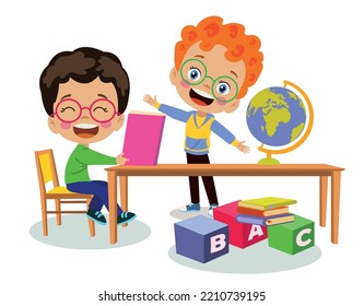 niños lindos estudiando el mapa del mundo estudiando en la escuela