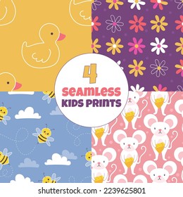 Cute kids style patterns set with bee, flower, mice, clouds and yellow duck. Cute children's prints for textiles or wrapping. Funny duckling, insects and mouse on pink background. Simple seamless art.