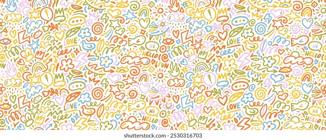 Estilo bonito da criança padrão sem emenda com contornos coloridos formas. Rabiscar fundo linear de flores, coração, arco-íris e bolhas de fala. Papel de parede de doodle desenhado à mão, papel de embrulho de doodle funky.