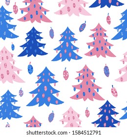 Cute kids style winter season seamless pattern. Hand drawn lovely childish blue pink cones on fir-trees. White background. Pine cones with different textures. New year dropback. Baby textile print.