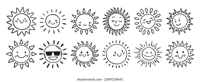 Cute kids sun doodle hand drawn icon set. Outline drawing funny happy smile suns cartoon characters line clipart symbol collection. Vector illustration