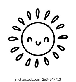 Cute kids sun doodle hand drawn icon character face in black and white. Outline drawing funny happy smile sun cartoon character line clipart symbol for kids design, baby prints. Vector illustration