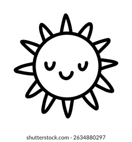 Cute kids sun doodle hand drawn icon character face in black and white. Outline drawing funny happy smile sun cartoon character line clipart symbol for kids design, baby prints. Vector illustration