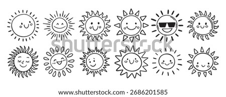 Cute kids sun doodle hand drawn icon set. Outline drawing funny happy smile suns cartoon characters line clipart symbol collection. Vector illustration