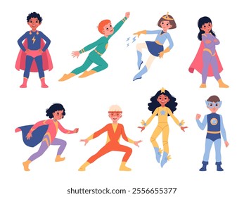 Cute kids superheroes. Funny boys, girls in capes and tight color jumpsuits, different superpowers, capabilities, dynamic poses, strong and brave hero, cartoon flat isolated vector set