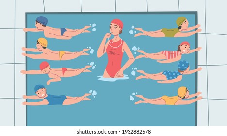 Cute Kids Swimming in Pool at Class, Woman Swimming Coach with Whistle Teaching them, Healthy Lifestyle, Water Activities Concept Cartoon Vector Illustration