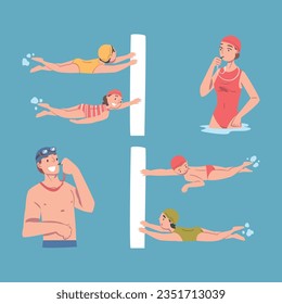 Cute Kids Swimming in Pool at Class with Man and Woman Coach with Whistle Teaching Them Vector Set