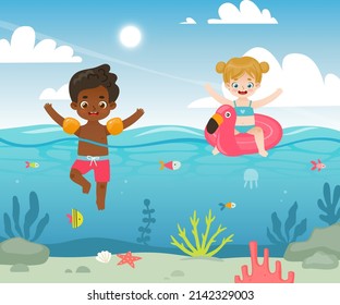 Cute kids swimming in the sea with inflatable equipment. Cartoon underwater landscape with adorable children.