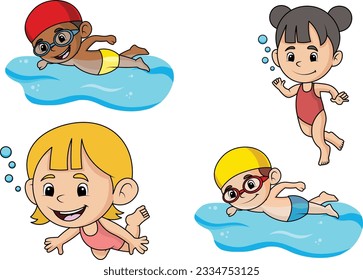 Cute Kids Swimming, Summer Children Cartoon Character Boys And Girls Vector