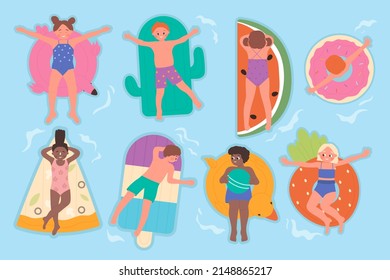 Cute kids in swimsuits swim in water of beach pool, top view vector illustration. Cartoon happy boys and girls float on inflatable rings and toys background. Summer holidays, vacation concept