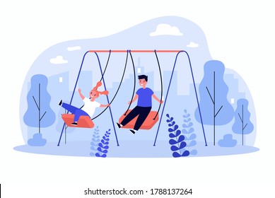 Cute kids swinging, enjoying and laughing isolated flat vector illustration. Cartoon happy friends walking and playing on playground. Childhood and vacation concept