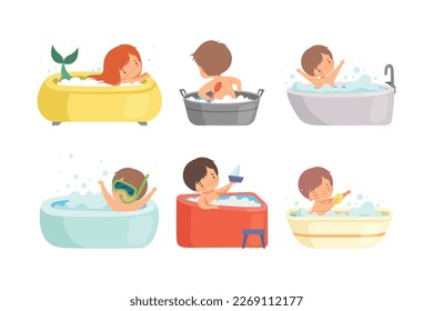 Cute kids taking bubble bath set. Happy little boys and girls having fun in the bathtub cartoon vector illustration i