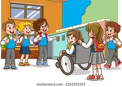 cute kids are talking in the schoolyard cartoon vector