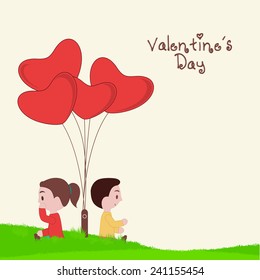 Cute kids thinking about Valentine's Day with heart shape balloons on nature view background.