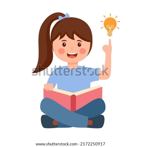 Cute kids thinking idea while reading book in flat design on white background.