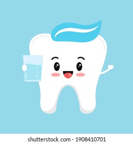 Cute kids tooth with water or mouthwash. Flat design cartoon smiling character with healthy drink vector illustration. Happy white tooth isolated on background. Food for dental teeth health concept.