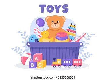 Cute Kids Toy Box Full at Kindergarten in Flat Cartoon Style Illustration. Interior of Playroom for fun and gaming