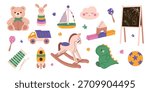 Cute kids toy set with teddy bear, rocking horse, dinosaur, truck, xylophone, building blocks and preschool elements. Flat vector illustration for nursery designs, posters and educational projects.
