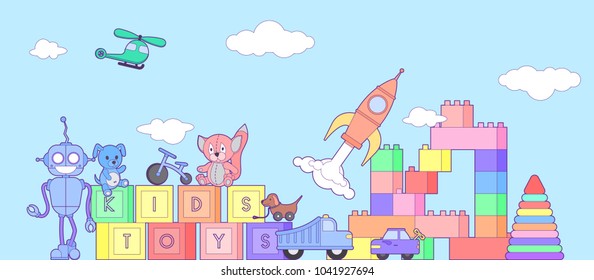 Cute kids toys banner with set of different toys for boys and girls isolated. eps10 vector illustration.