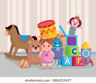 cute kids toys in bedroom vector illustration design