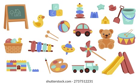 Cute kids toys elements set design. Collection with kindergarten chalkboard, rubber duck, blocks, pyramid, sandbox molds, scoop and shovel, car, ball, teddy bear, xylophone, more. Vector illustration.