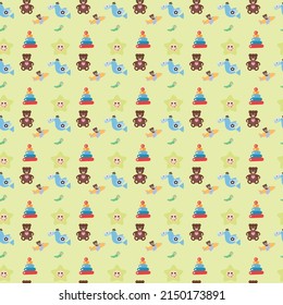 Cute kids toys pattern. Pastel tones, yellow background. Isolated and editable elements. Vector illustration for children design. 