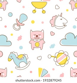 Cute Kids Toys Seamless Pattern in Pastel Colors, Endless Repeating Print Can be Used for Background, Wallpaper, Textile, Packaging Design Cartoon Vector Illustration