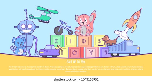 Cute kids toys shop banner with set of different toys for boys and girls isolated. Vector background eps10 illustration.