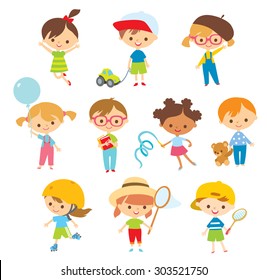 cute kids with toys at the simple style