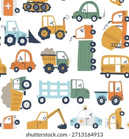 Los niños lindos transportan el modelo inconsútil con los coches, los camiones, los autobuses, los tractores y los vehículos de la construcción en colores suaves. Diseño divertido para temas infantiles, decoración, envoltura, papelería y proyectos creativos.