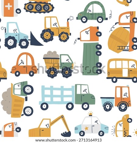 Cute kids transport seamless pattern with cars, trucks, buses, tractors and construction vehicles in soft colors. Fun design for children’s themes, decor, wrapping, stationery and creative projects.