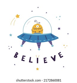 cute kids UFO space print with flying ship and alien with "believe" lettering for nursery