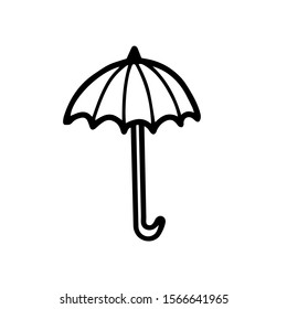 Cute kids umbrella in doodle style isolated on white background. Hand drawn outline illustration. Vector sign element female, men's wardrobe. Design print t shirt, cup, logo, coloring book, tattoo.