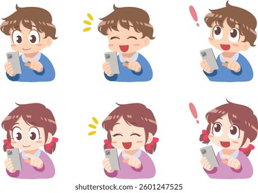 Cute Kids Using Smartphone and SNS – A Versatile Emotion Illustration Set