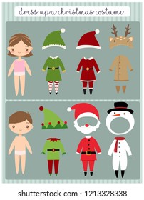 cute kids and variety of christmas costumes , vector isolated with background