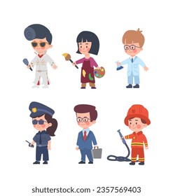 Cute kids in various professions, cartoon flat vector illustration isolated on white background. Set of boys and girls work as scientist, fireman, police officer and singer. Children choose careers.