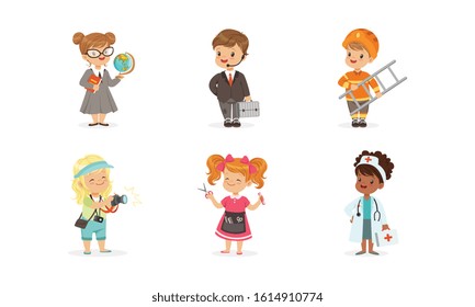 Cute Kids of Various Professions Set, Teacher, Businessman, Fireman, Photographer, Hairdresser, Doctor Vector Illustration